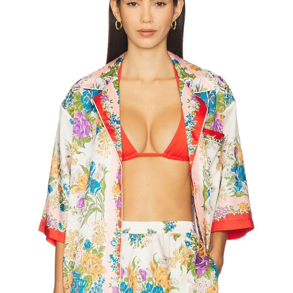 Ronny Kobo Collection Floral Satin Short Sleeve Shirt with Red Trim